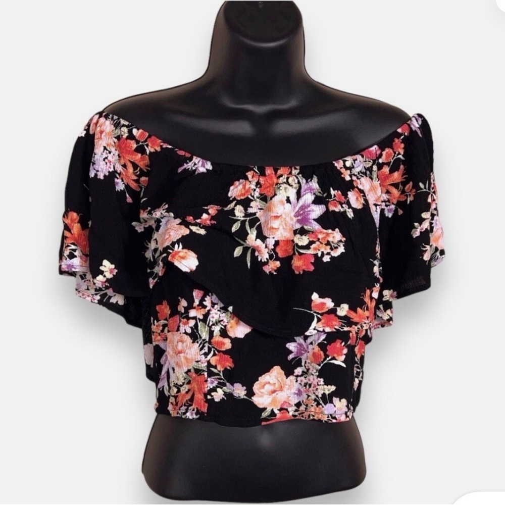 Xhilaration Black Floral Off-Shoulder Cropped Blouse
